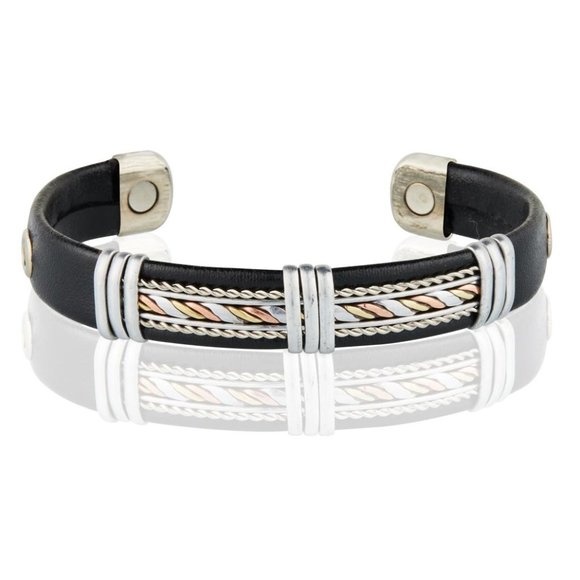 Silver Two Tone Design Leatherette Solid Copper Magnetic Bracelet Cuff Bangle - Picture 1 of 1